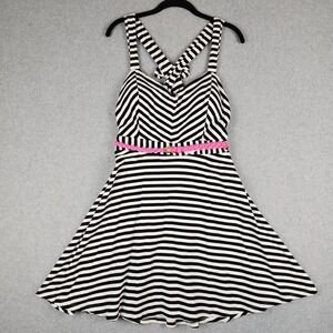 Candies Women's Size XL Black White Striped Fit Flare Dress Pink Belt Bow Back